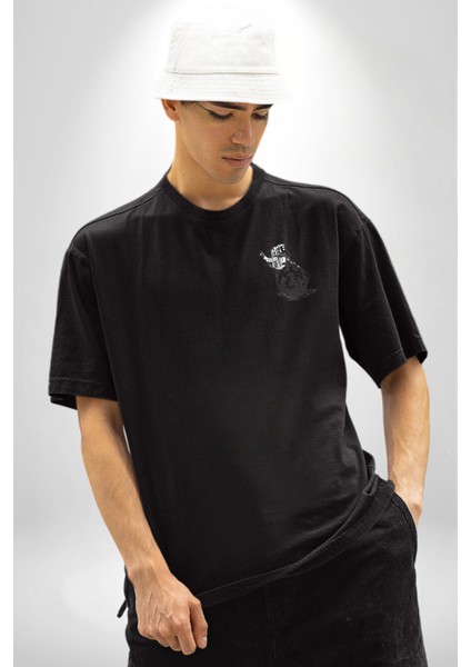 Astronot Ay Balon Siyah Oversize Kadın Erkek Ön ve Sırt Baskılı T-Shirt