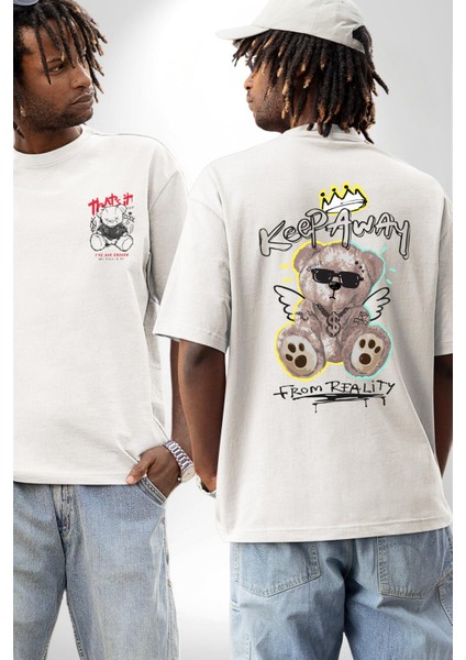 Gerçeklikten Uzak Tutun Beyaz Oversize Kadın Erkek Ön ve Sırt Baskılı T-Shirt