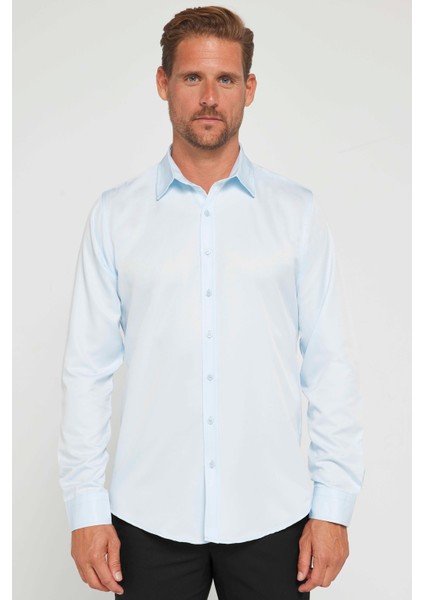 Slim Fit Uzun Kollu Kolay Ütü Teri Emen Nefes Alan Doku Kravatlık Dört Mevsim Mavi Erkek Gömlek fiyatları
