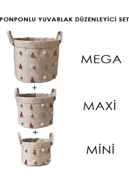 Katlanabilir Çok Amaçlı Ponponlu Yuvarlak Düzenleyici Saklama Kutusu Organizer Keçe (Mini Boy) - 03785 ( Lisinya )