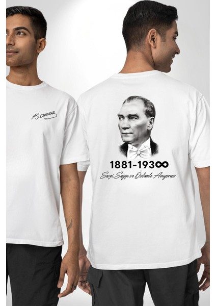Atatürk 10 Kasım Anma Beyaz Oversize Kadın Erkek Ön ve Sırt Baskılı T-Shirt