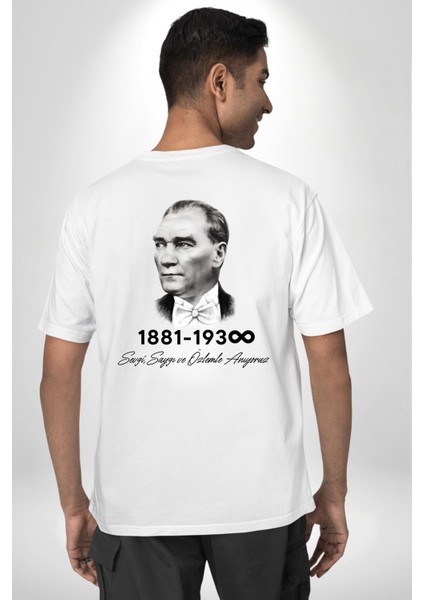 Atatürk 10 Kasım Anma Beyaz Oversize Kadın Erkek Ön ve Sırt Baskılı T-Shirt fırsatları