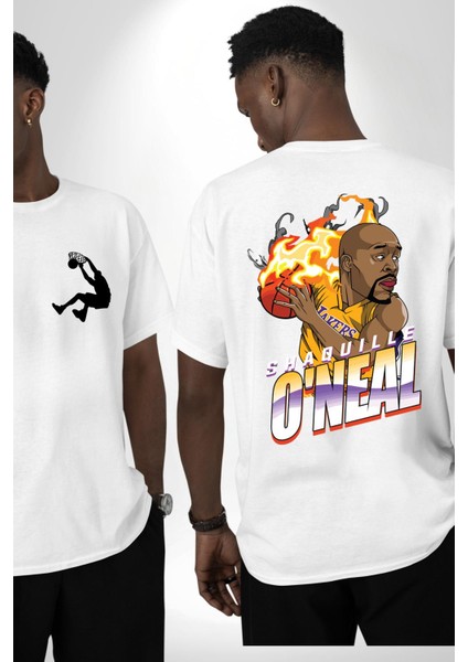 Basketbol Shaquille Oneal Star Ateş Topu Beyaz Oversize Kadın Erkek Ön ve Sırt Baskılı T-Shirt