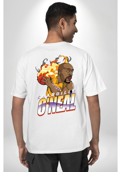 Basketbol Shaquille Oneal Star Ateş Topu Beyaz Oversize Kadın Erkek Ön ve Sırt Baskılı T-Shirt fiyatları