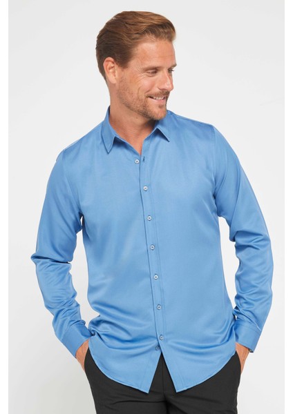 Slim Fit Uzun Kollu Kolay Ütü Teri Emen Nefes Alan Doku Kravatlık Dört Mevsim Indigo Erkek Gömlek