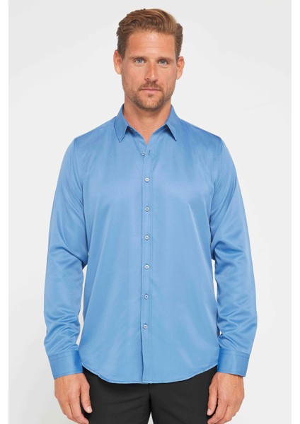 Slim Fit Uzun Kollu Kolay Ütü Teri Emen Nefes Alan Doku Kravatlık Dört Mevsim Indigo Erkek Gömlek