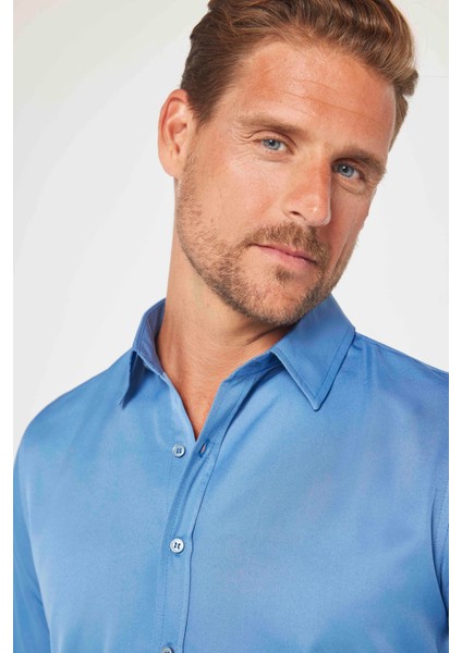 Slim Fit Uzun Kollu Kolay Ütü Teri Emen Nefes Alan Doku Kravatlık Dört Mevsim Indigo Erkek Gömlek