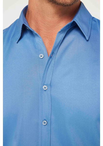 Slim Fit Uzun Kollu Kolay Ütü Teri Emen Nefes Alan Doku Kravatlık Dört Mevsim Indigo Erkek Gömlek