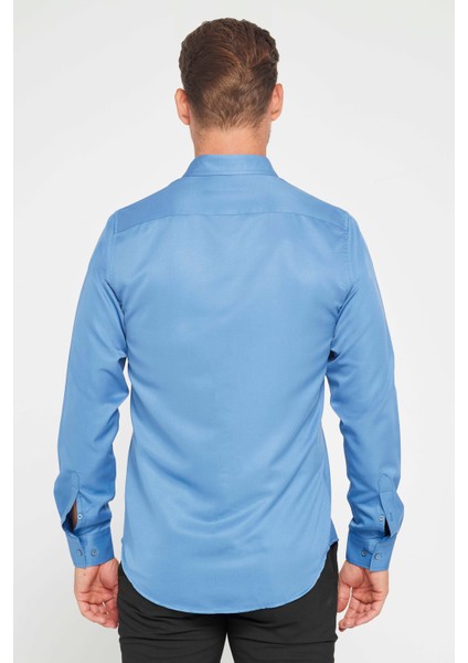 Slim Fit Uzun Kollu Kolay Ütü Teri Emen Nefes Alan Doku Kravatlık Dört Mevsim Indigo Erkek Gömlek