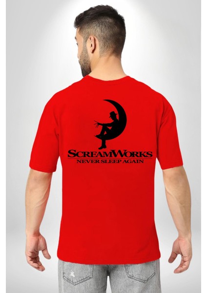 Korku Filmi Birdaha Uyku Uyuyamayacaksın Kırmızı Oversize Kadın Erkek Ön ve Sırt Baskılı T-Shirt