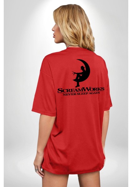 Korku Filmi Birdaha Uyku Uyuyamayacaksın Kırmızı Oversize Kadın Erkek Ön ve Sırt Baskılı T-Shirt