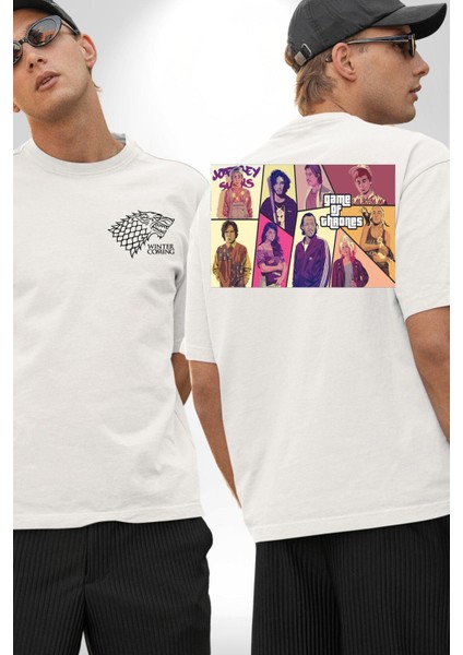 Game Of Thrones Gta Tasarımı Beyaz Oversize Kadın Erkek Ön ve Sırt Baskılı T-Shirt