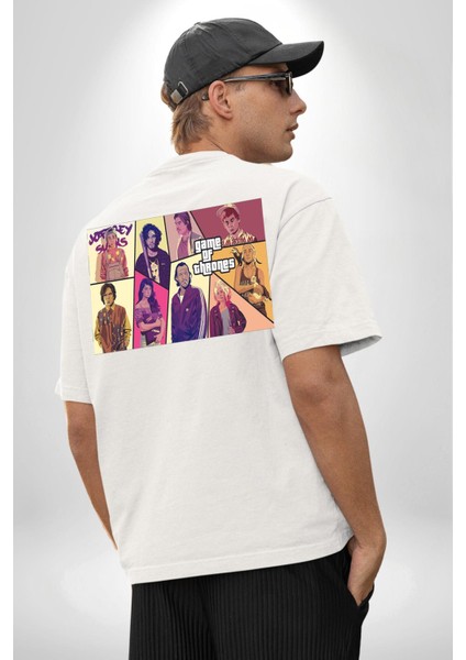 Game Of Thrones Gta Tasarımı Beyaz Oversize Kadın Erkek Ön ve Sırt Baskılı T-Shirt