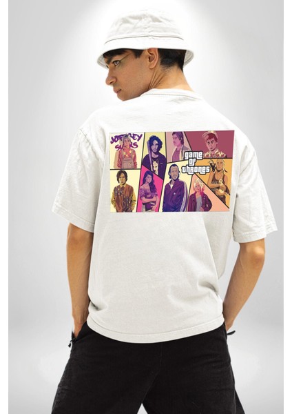 Game Of Thrones Gta Tasarımı Beyaz Oversize Kadın Erkek Ön ve Sırt Baskılı T-Shirt