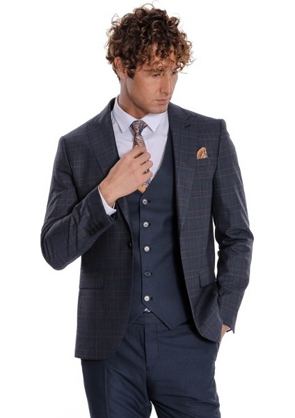 Ekose Ceketli Slim Fit Lacivert Erkek Takım Elbise - Wessi