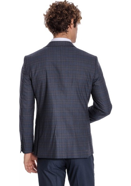 Ekose Ceketli Slim Fit Lacivert Erkek Takım Elbise - Wessi modelleri