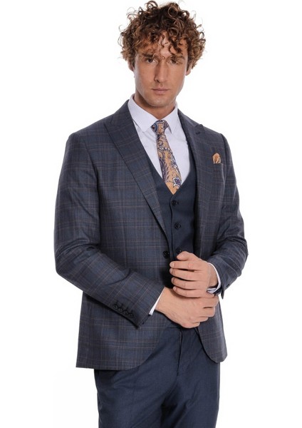 Ekose Ceketli Slim Fit Lacivert Erkek Takım Elbise - Wessi fırsatları