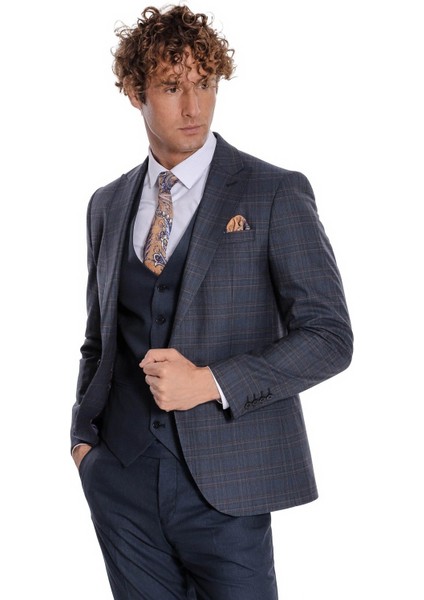 Ekose Ceketli Slim Fit Lacivert Erkek Takım Elbise - Wessi indirimleri