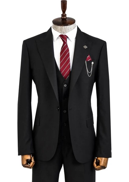 Sivri Yaka Tek Düğmeli Slim Fit Siyah Takım Elbise | Wessi