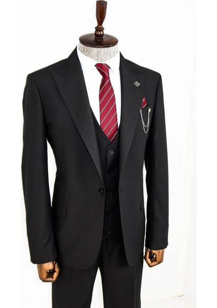 Sivri Yaka Tek Düğmeli Slim Fit Siyah Takım Elbise | Wessi modelleri