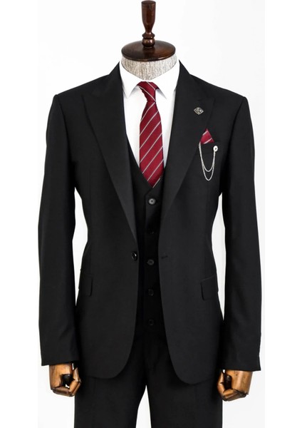 Sivri Yaka Tek Düğmeli Slim Fit Siyah Takım Elbise | Wessi indirimleri