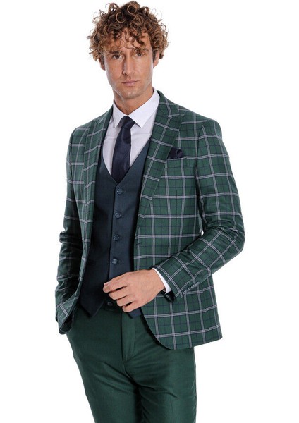 Mavi Yelekli Slim Fit Ekose Yeşil Erkek Takım Elbise - Wessi