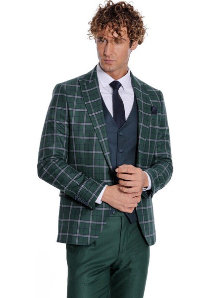 Mavi Yelekli Slim Fit Ekose Yeşil Erkek Takım Elbise - Wessi