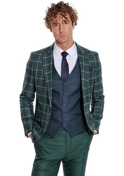 Mavi Yelekli Slim Fit Ekose Yeşil Erkek Takım Elbise - Wessi