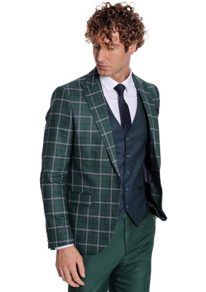 Mavi Yelekli Slim Fit Ekose Yeşil Erkek Takım Elbise - Wessi