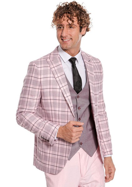 Ekose Ceketli Slim Fit Pembe Erkek Takım Elbise - Wessi