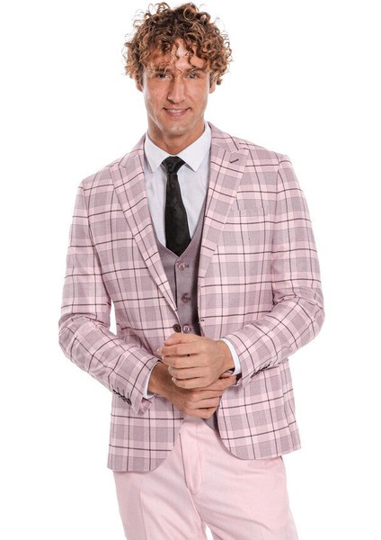 Ekose Ceketli Slim Fit Pembe Erkek Takım Elbise - Wessi modelleri