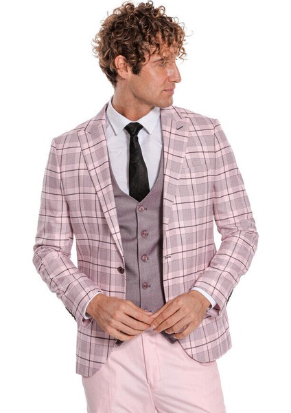 Ekose Ceketli Slim Fit Pembe Erkek Takım Elbise - Wessi fırsatları