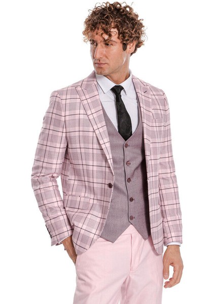 Ekose Ceketli Slim Fit Pembe Erkek Takım Elbise - Wessi indirimleri