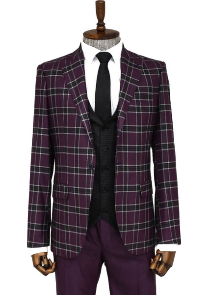 Ekose Yelekli Bordo Erkek Takım Elbise - Wessi