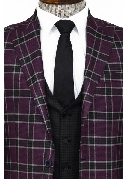 Ekose Yelekli Bordo Erkek Takım Elbise - Wessi fiyatları