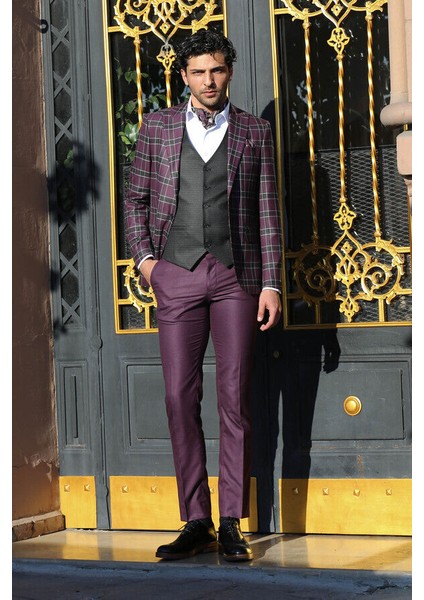 Ekose Yelekli Bordo Erkek Takım Elbise - Wessi fırsatları