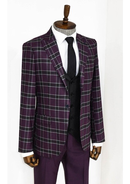 Ekose Yelekli Bordo Erkek Takım Elbise - Wessi indirimleri