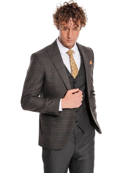 Ekose Ceketli Slim Fit Füme Erkek Takım Elbise - Wessi