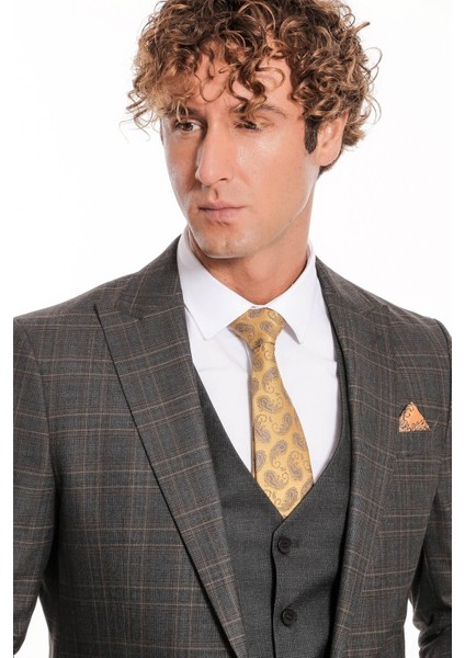Ekose Ceketli Slim Fit Füme Erkek Takım Elbise - Wessi fiyatları