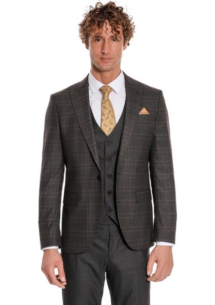 Ekose Ceketli Slim Fit Füme Erkek Takım Elbise - Wessi modelleri