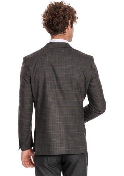 Ekose Ceketli Slim Fit Füme Erkek Takım Elbise - Wessi fırsatları
