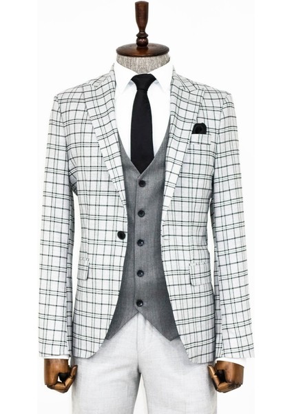 Gri Yelekli Slim Fit Ekose Açık Gri Erkek Takım Elbise - Wessi