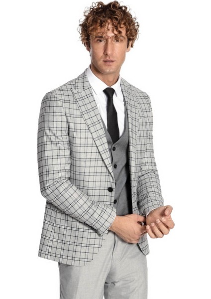 Gri Yelekli Slim Fit Ekose Açık Gri Erkek Takım Elbise - Wessi modelleri
