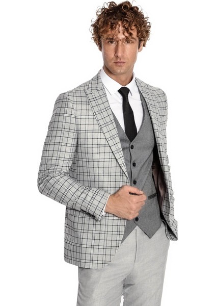 Gri Yelekli Slim Fit Ekose Açık Gri Erkek Takım Elbise - Wessi fırsatları