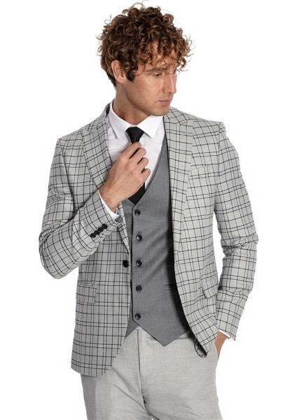 Gri Yelekli Slim Fit Ekose Açık Gri Erkek Takım Elbise - Wessi indirimleri