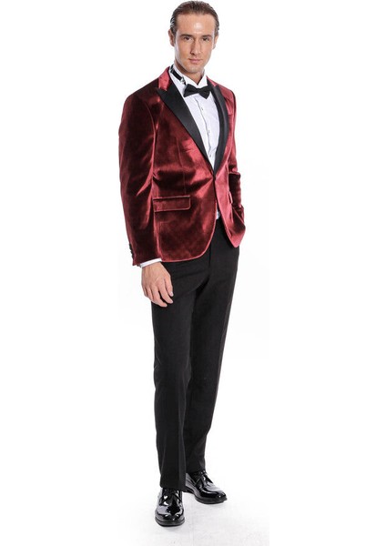 Kadife Slim Fit Bordo Erkek Smokin Ceket - Wessi modelleri