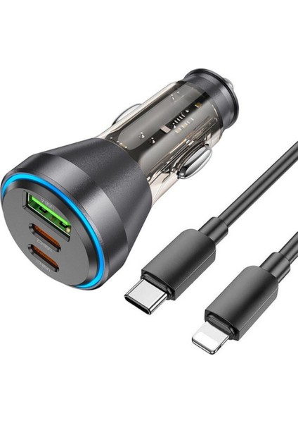 Hc 60W 2x Type-C, 1x USB Girişli ve 1mt Type-C To iPhone Lightning Kablolu Araç Hızlı Şarj Aleti