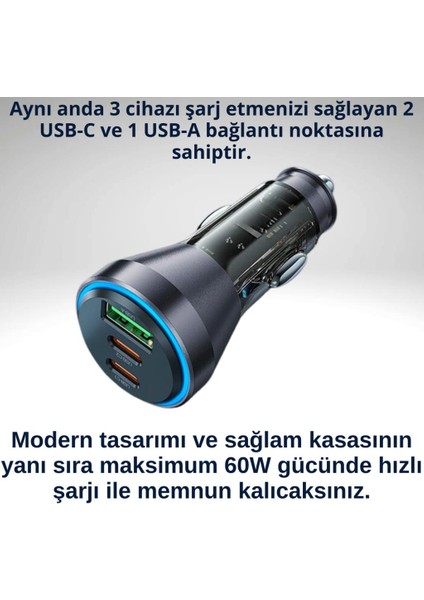 Hc 60W 2x Type-C, 1x USB Girişli ve 1mt Type-C To iPhone Lightning Kablolu Araç Hızlı Şarj Aleti