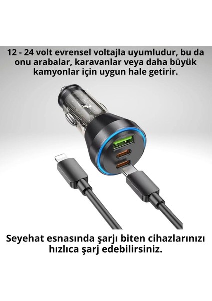 Hc 60W 2x Type-C, 1x USB Girişli ve 1mt Type-C To iPhone Lightning Kablolu Araç Hızlı Şarj Aleti