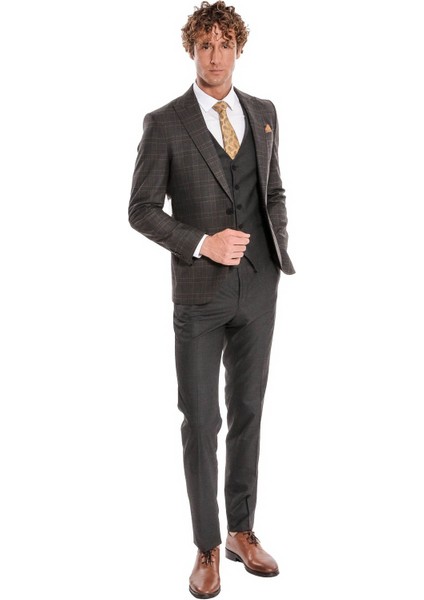 Ekose Ceketli Slim Fit Füme Erkek Takım Elbise - Wessi indirimleri